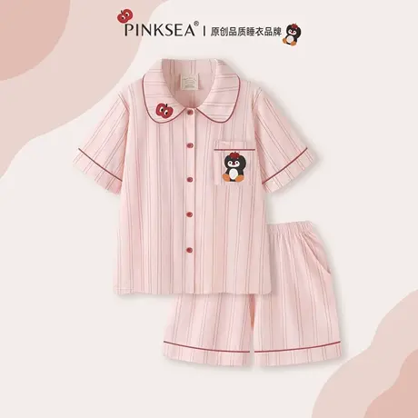 Pinksea睡衣女款夏季粉色短袖短裤条纹家居服2025新款夏天套装商品大图