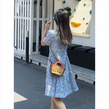爵莱菲独特设计感大码圆领镂空连衣裙女短裙风情万种气质泡泡袖图片