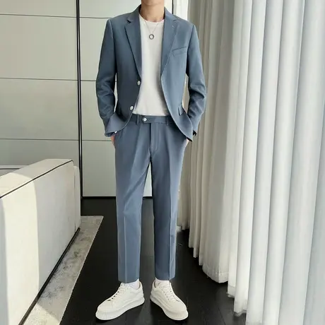 清爽蓝色西服两件套男春夏薄款青年气质小西装外套休闲风通勤套装图片