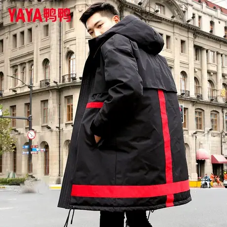 鸭鸭冬季新品男士中长款羽绒服连帽修身休闲青年宽松工装鸭绒外套商品大图