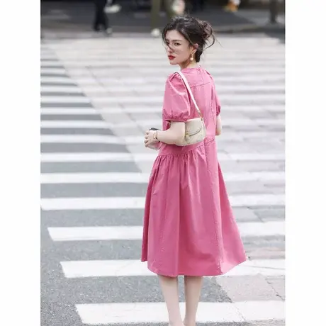 时尚短袖连衣裙2024年夏季新款女圆领减龄纯色显白宽松ins风长裙商品大图