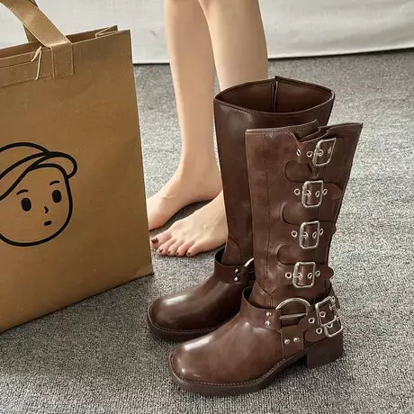 复古显瘦不过膝长筒靴女复古金属扣西部牛仔靴春秋单靴高筒骑士靴商品大图