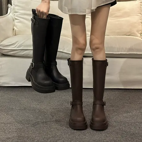 时尚粗跟高筒靴女2025秋季新款配裙子气质百搭长靴小个子显瘦靴子商品大图