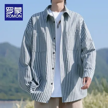 罗蒙日系条纹长袖衬衫男春秋季2025新款外套男生休闲美式翻领衬衣商品大图