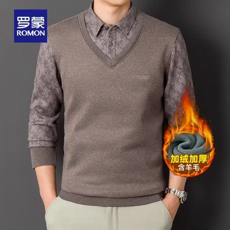 【含桑蚕丝+羊毛】罗蒙男士加绒假两件针织衫2025冬季新款毛线衣图片