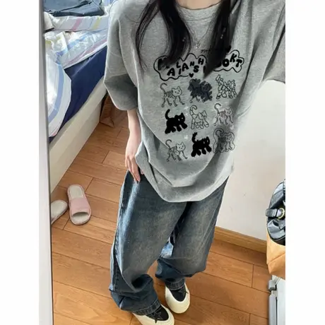 纯棉美式复古落肩短袖t恤女2025新款爆款设计感小众卡通潮牌上衣商品大图