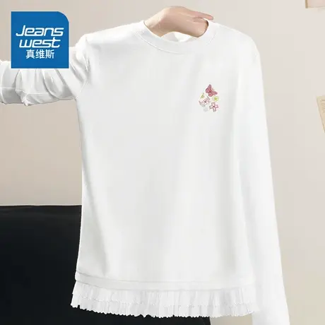 LB真维斯白色上衣女2025新款秋季蕾丝拼接内搭打底衫韩版长袖t恤商品大图