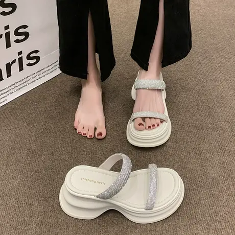厚底水钻凉拖鞋女2025夏季新款沙滩高级流行海边凉鞋洋气百搭拖鞋图片