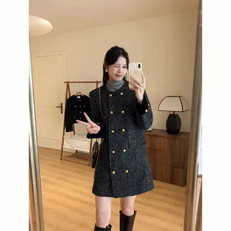 爵莱菲大码法式复古小香风双排扣连衣裙女秋冬高级感气质圆领显瘦商品大图