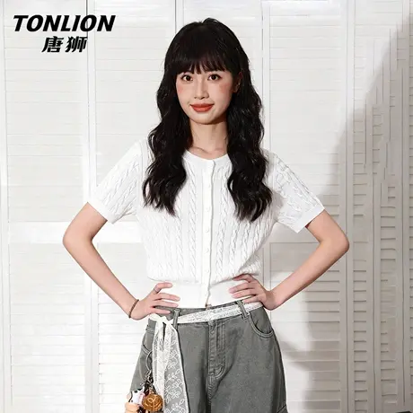 唐狮官方绞花短袖t恤女2026新款春夏半袖打底衫针织衫白色上衣VC商品大图