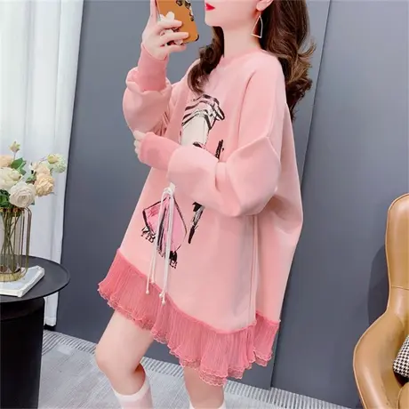 学院风甜美洋气圆领卫衣女中长款秋冬新款女装宽松设计感减龄上衣商品大图