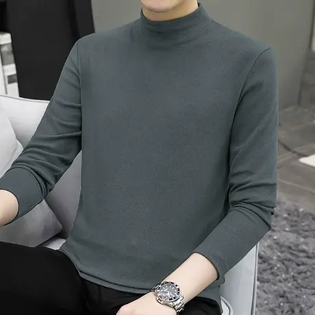 300g重磅半高领打底衫德绒长袖t恤男士保暖上衣服双面绒中领体恤商品大图