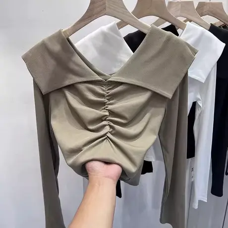 甜飒风娃娃领长袖T恤女秋季韩版设计感小众修身褶皱内搭打底上衣商品大图