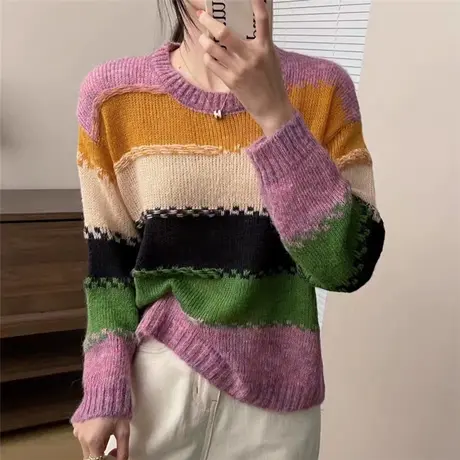 秋装2023年新款圆领拼色彩条长袖宽松毛衣外穿针织打底衫洋气百搭商品大图