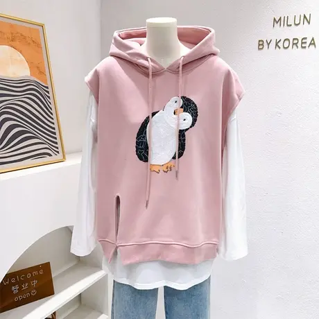 2023秋款连帽马甲韩代款微胖显瘦企鹅印花无袖卫衣马夹侧开叉宽松商品大图