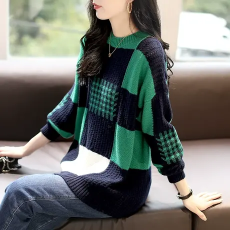 宝诗黎提花格子圆领羊毛针织衫女装新款慵懒毛衣秋季2023撞色上衣图片