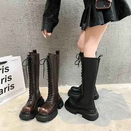 靴子女2023新款超火显瘦厚底增高ins炸街高筒靴时装粗跟骑士靴秋图片