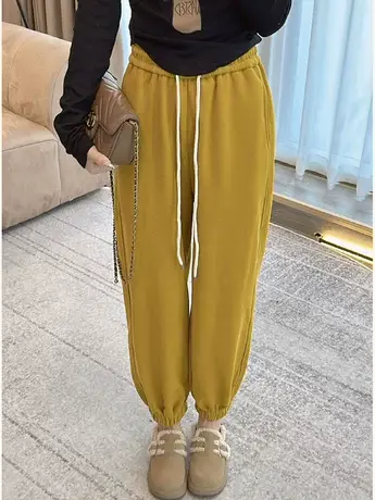 欧货高腰休闲加绒束脚卫裤女2023秋冬百搭简约宽松显瘦九分运动裤商品大图