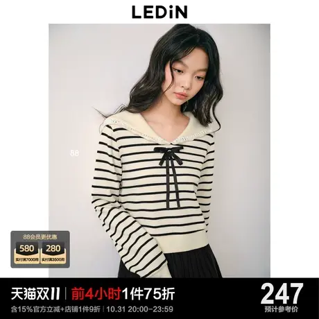 乐町甜美花边翻领卫衣23年秋冬女装条纹上衣少女感蝴蝶结卫衣商品大图