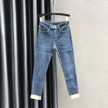 韩版铅笔裤女冬季新款两粒扣贴布设计感高腰百搭加绒加厚牛仔长裤图片