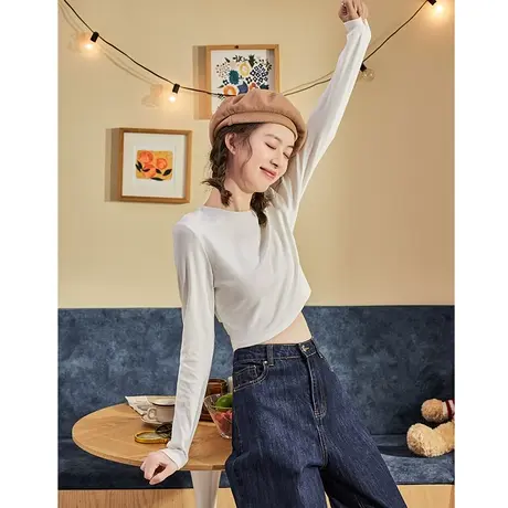 唐狮春季新款打底衫白色长袖t恤女短款chic上衣修身衣服黑色商品大图