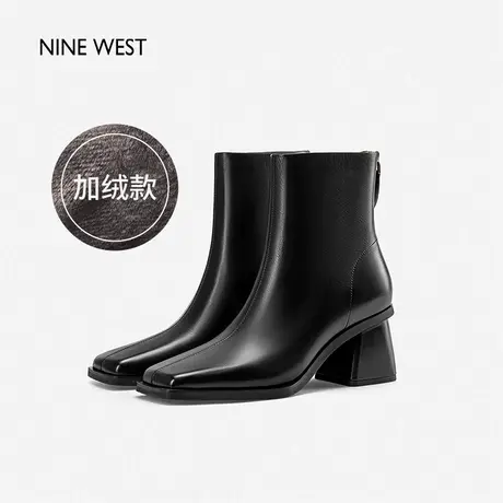 Nine West/玖熙粗跟短靴女秋冬加绒胎牛皮方头中跟黑色靴子时装靴商品大图