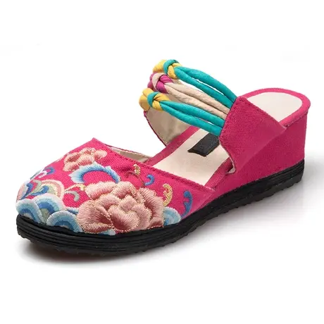 汉舞民族风女鞋  夏季坡跟绣花凉拖鞋时尚舒适千层底一脚蹬 琼楼图片