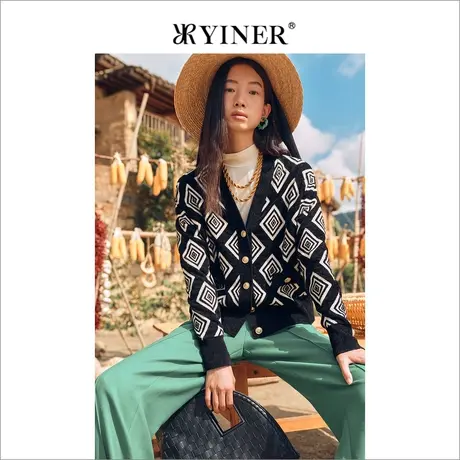 YINER音儿女装秋季单排扣毛衣外套v领菱格针织开衫图片