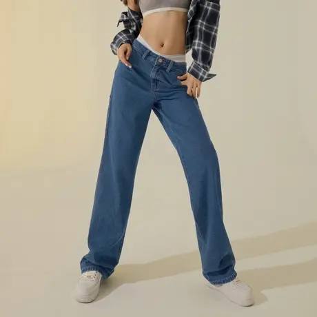 桔熊秋季休闲牛仔长裤子女设计感宽松口袋直筒工装裤大码BA7285图片