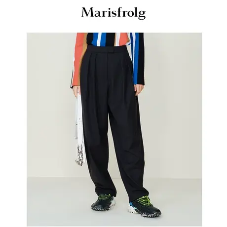 【商场同款】玛丝菲尔西装裤春季新款女黑色羊毛休闲阔腿裤商品大图