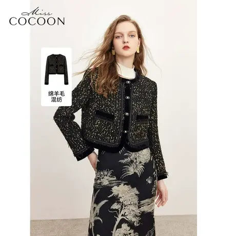 MISSCOCOON千金玛德琳2023冬装新款爆闪气质丝绒拼接香风短外套商品大图