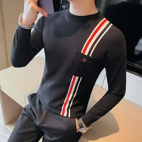 针织打底衫男秋冬季2023潮流小众撞色条纹修身内搭长袖圆领毛线衣商品大图
