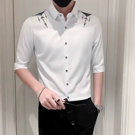 夏季短袖衬衫男潮牌痞帅气韩版修身七分袖时尚男装刺绣半中袖衬衣商品大图
