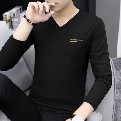 莫代尔长袖t恤男装V领秋季上衣服潮流印花体恤内搭打底衫黑色秋衣商品大图
