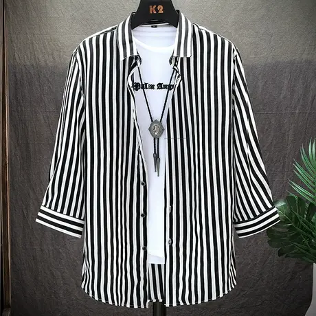 春夏季男士韩版短袖条纹衬衫潮流休闲外套潮牌百搭帅气五分袖衬衣商品大图