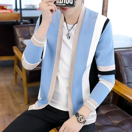 2023新款春秋男士风衣短款韩版潮流针织开衫外套男装条纹薄款披风商品大图