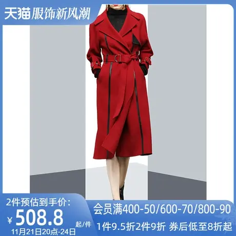 高端简约大气红色毛呢外套女冬2022新款欧美风中长款过膝呢子大衣商品大图