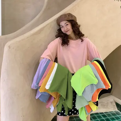 2023春夏装新款超a上衣情侣装小众设计感女糖果纯色ins短袖t恤潮图片