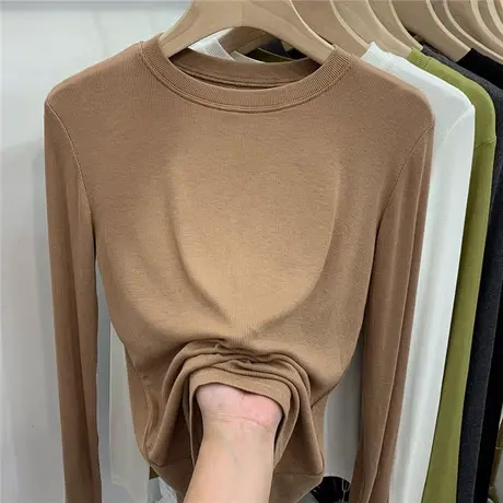 螺纹长袖针织衫纯色圆领T恤女2023年早春季新款修身上衣打底衫图片
