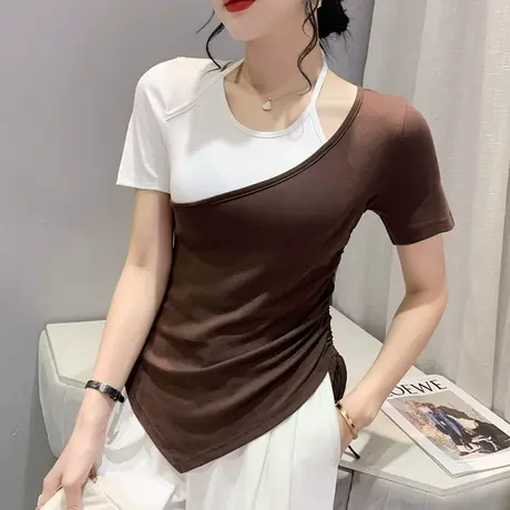 拼色假两件T恤女短袖网红设计感抽绳上衣不规则下摆开叉体恤夏装商品大图