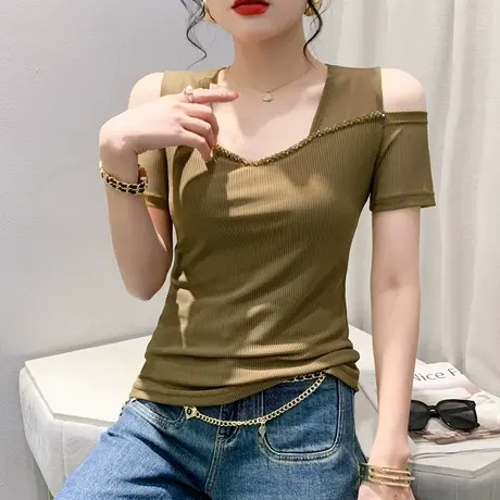 欧货网纱T恤女短袖洋气性感露肩小衫时尚别致V领钉珠上衣百搭半袖商品大图