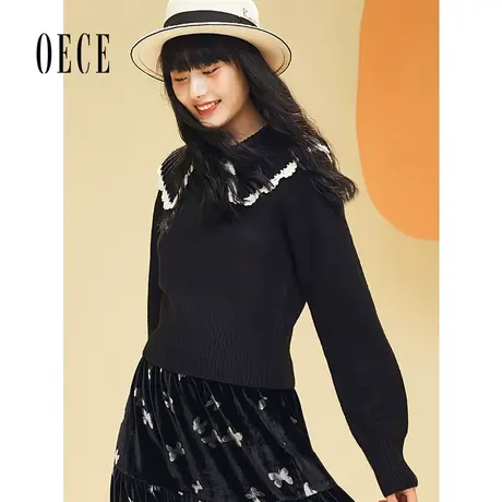 Oece秋冬新款女装 学院复古娃娃领针织衫秋减龄长袖毛衣上衣商品大图
