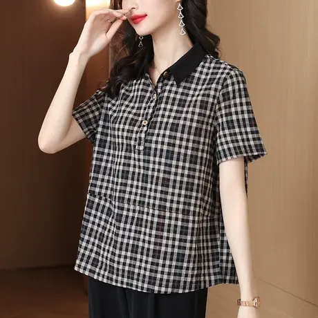纯棉t恤女短袖2023年新款夏季宽松遮肚洋气妈妈休闲翻领格子上衣图片