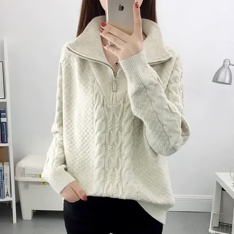 翻领麻花拉链套头高领毛衣2023年秋冬新款宽松外穿针织打底衫外套商品大图