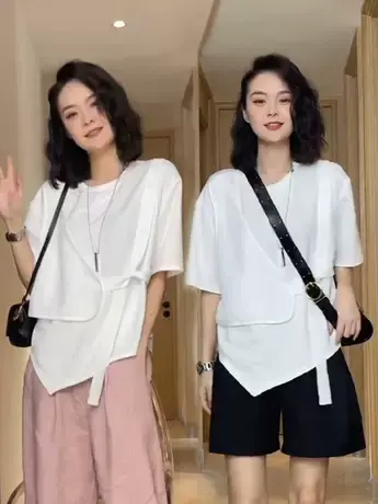 白色假两件短袖T恤女夏季小众设计感不规则下摆洋气减龄上衣百搭商品大图
