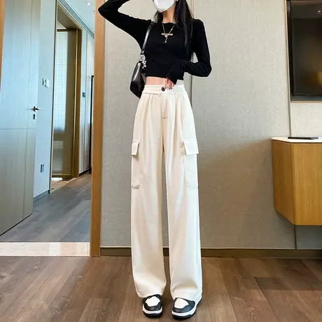 大口袋工装阔腿裤女春秋冬高腰垂感米色休闲雪尼尔直筒灯芯绒裤子商品大图