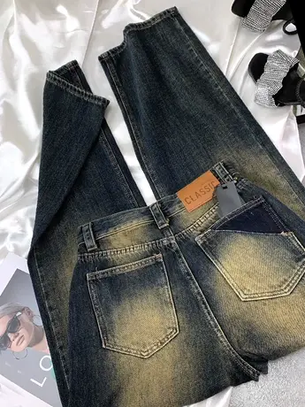 韩版磨白做旧复古牛仔阔腿裤女2023秋季新款bf宽松百搭休闲直筒裤商品大图