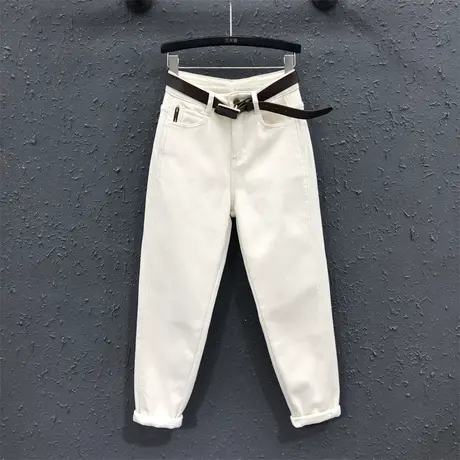 欧货简约风加绒哈伦裤女23冬季新款米白色韩版百搭高腰牛仔萝卜裤图片