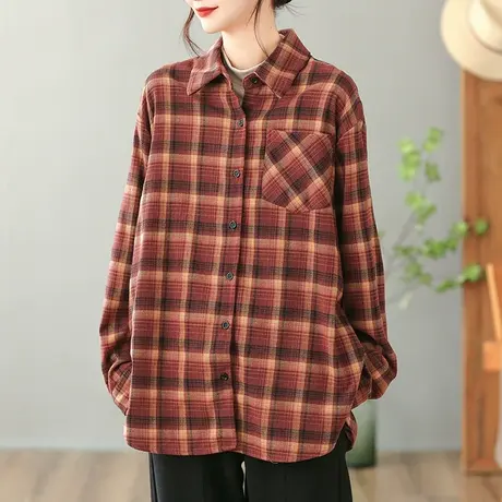 dza 复古宽松格子衬衫外套女秋冬外穿长袖上衣休闲百搭中长款衬衣图片