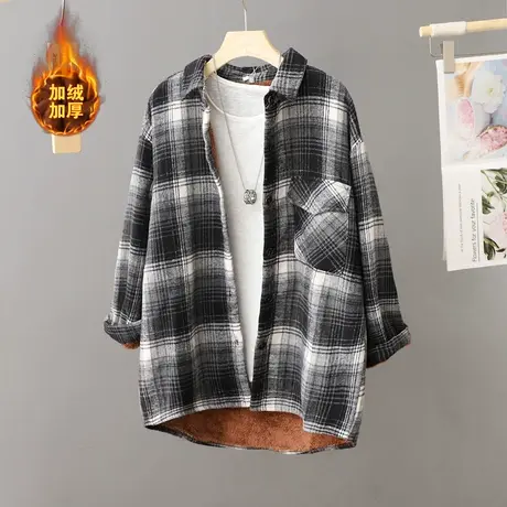 加绒加厚磨毛格子长袖衬衫女外套秋冬宽松格纹中长款衬衣开衫上衣图片